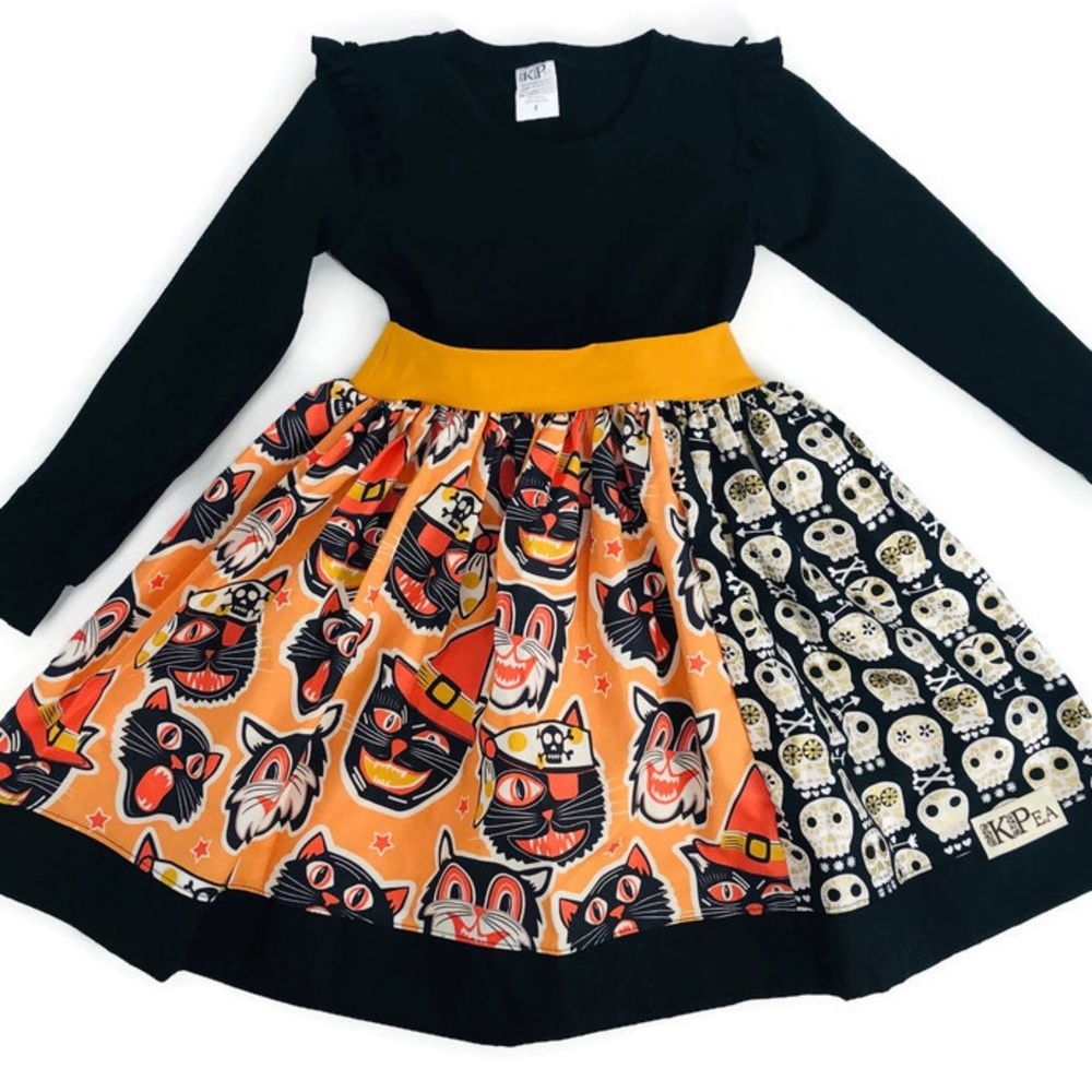 NEW KPea Original Spooky Cat Print Long Sleeve Dress Halloween Costume Party
